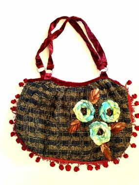ACORN Tweed Handbag Felted Wool Flowers Velvet Straps Boho Cottagecore Fairycore